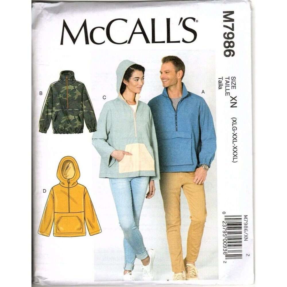 McCalls M7986 Unisex Mens and Misses XL to 3XL Tops and Hoodies Sewing Pattern